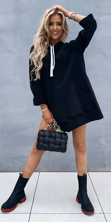Women's Hooded Sweatshirt With Pockets Fashion Casual Split Mid-length Sweater Drawstring Tops