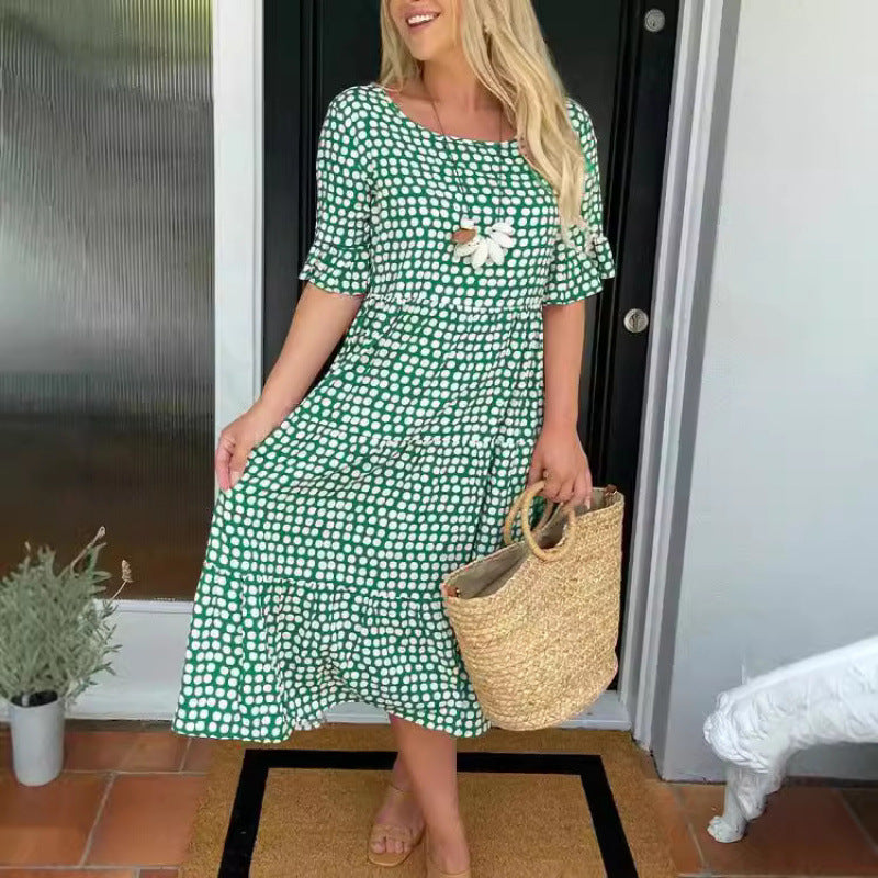 Womens Hot Bestseller Summer Crew-Neck Printed Short-Sleeve Dress