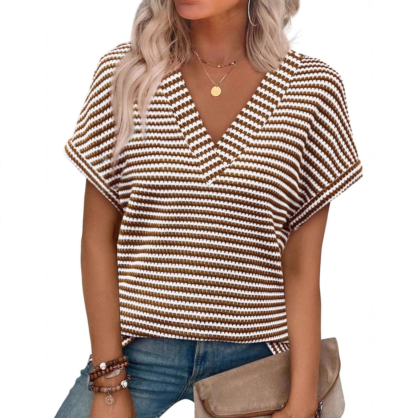 Summer V Neck Striped Loose Short Sleeve