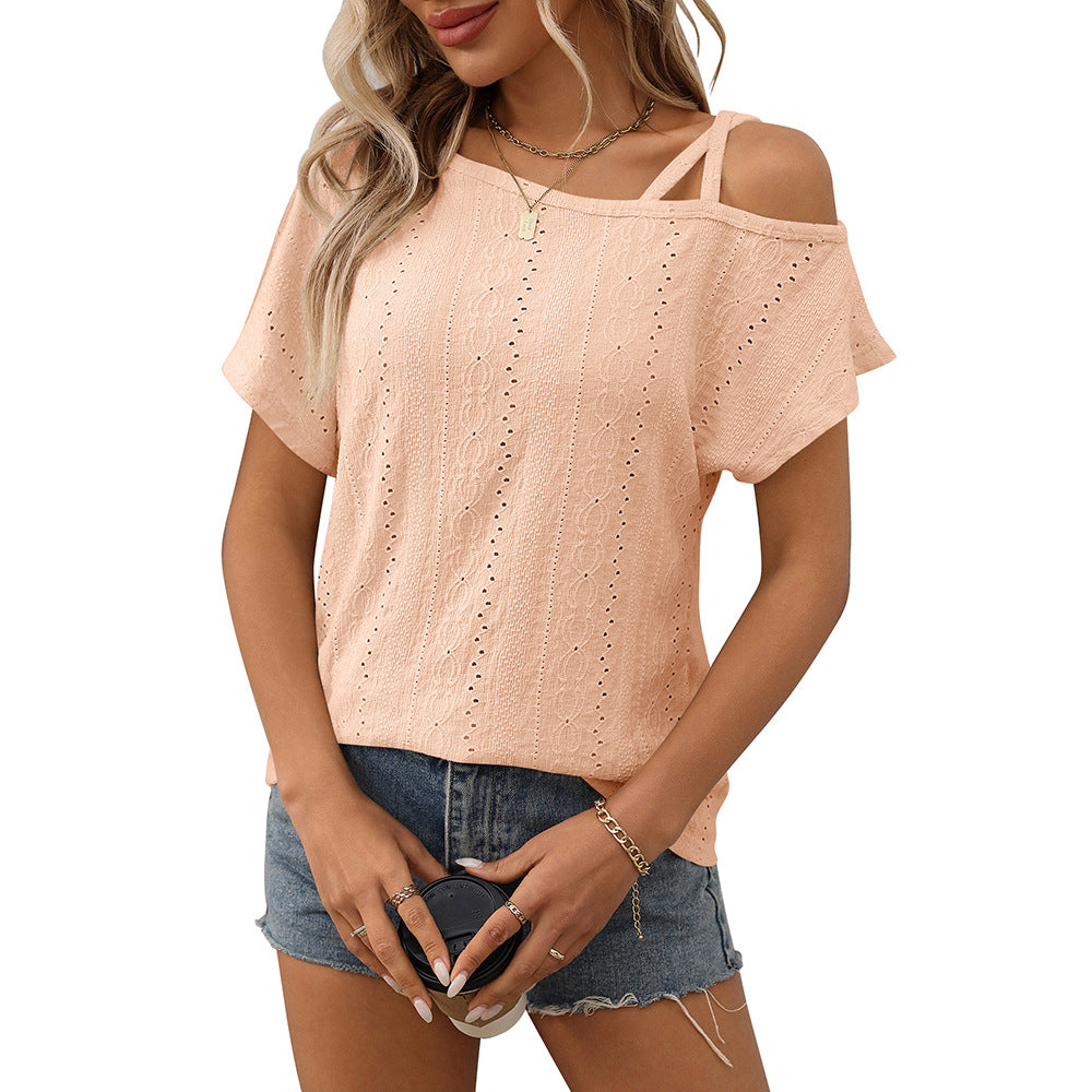One-shoulder Short-sleeve T-shirt Hollow-out Top For Women