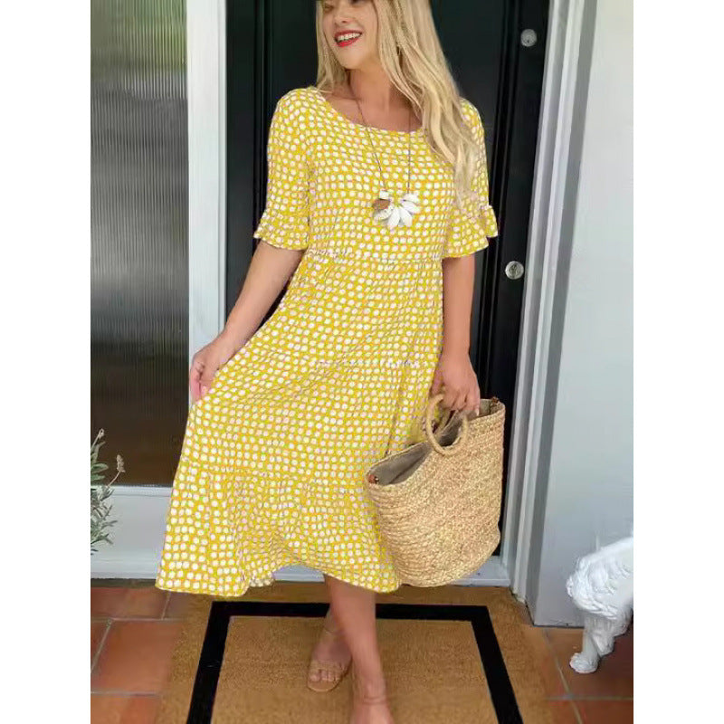 Womens Hot Bestseller Summer Crew-Neck Printed Short-Sleeve Dress