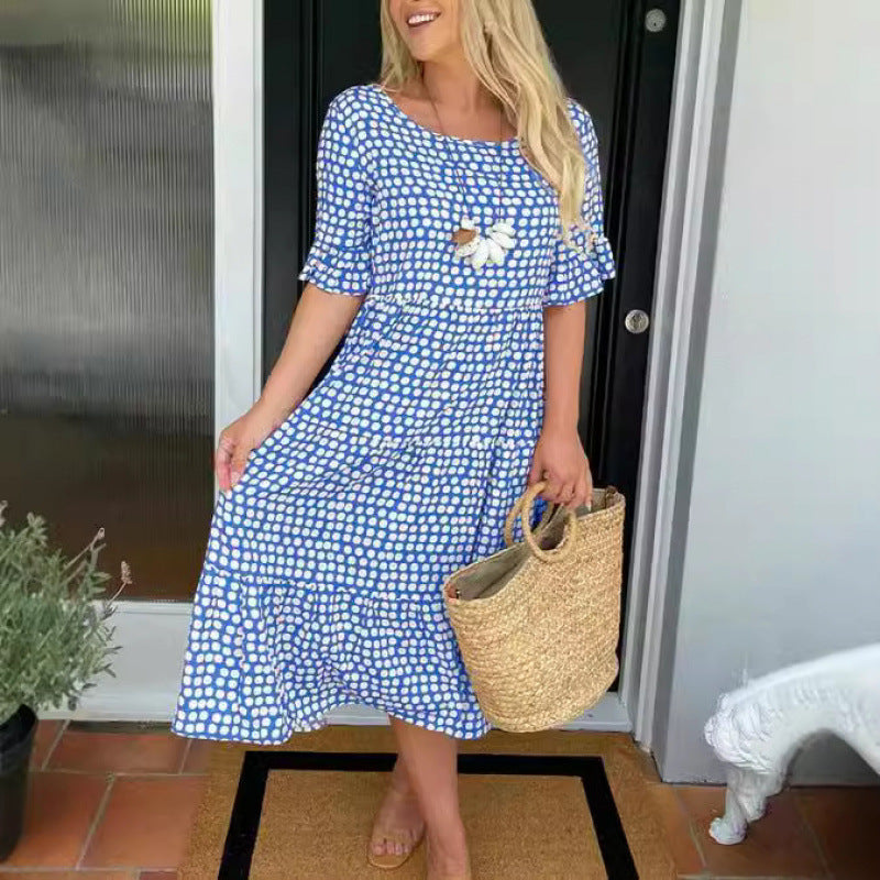 Womens Hot Bestseller Summer Crew-Neck Printed Short-Sleeve Dress