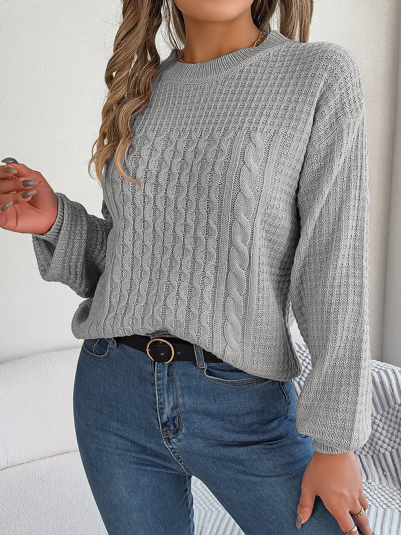 Women's Cable-Knit Lantern-Sleeve Pullover Sweater
