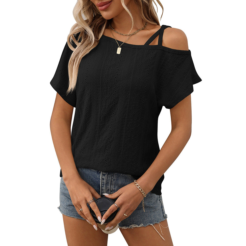 One-shoulder Short-sleeve T-shirt Hollow-out Top For Women