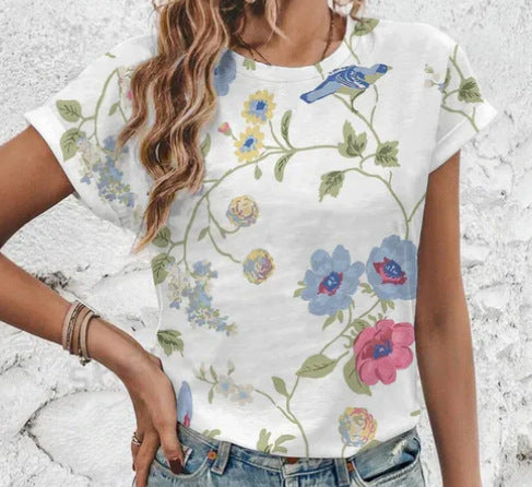Women's Round-Neck Short-Sleeve Casual Top With 3D Flower Print
