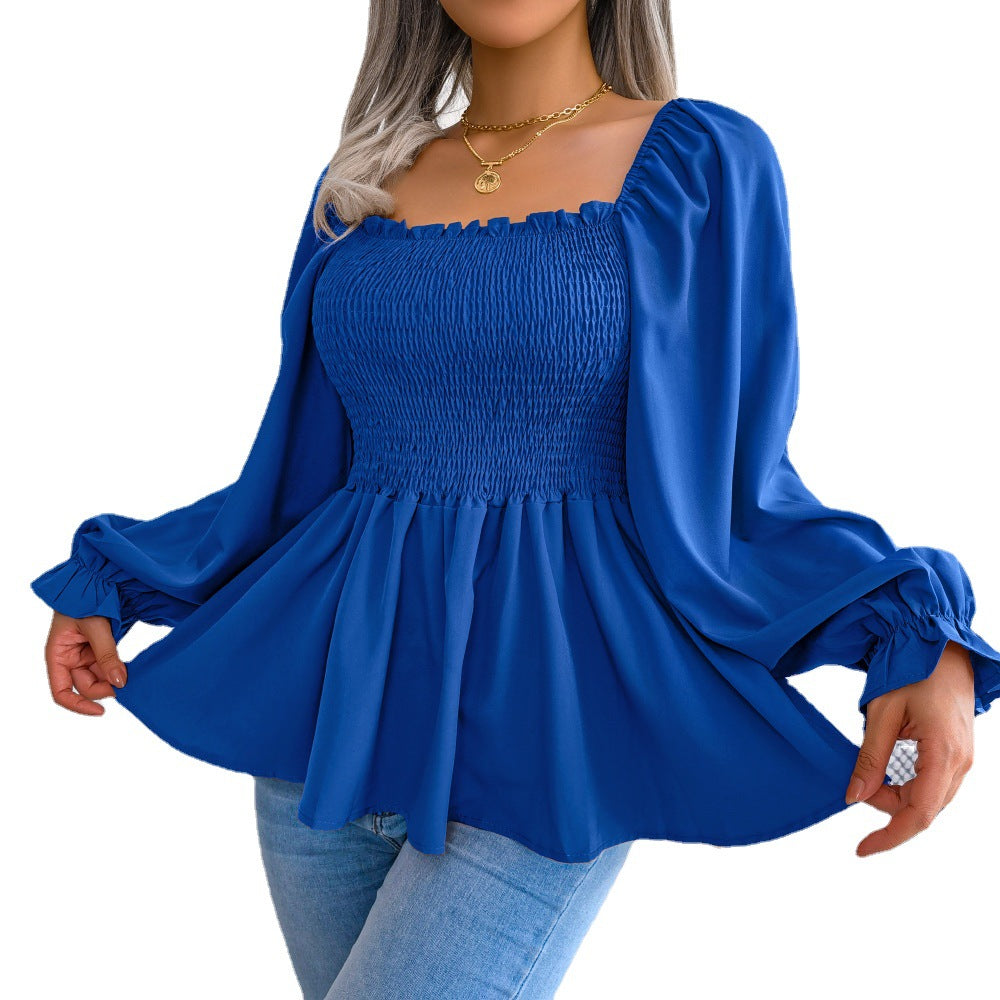 Women's Solid Color Casual Ruffle-trimmed Square-neck Long-sleeve Top