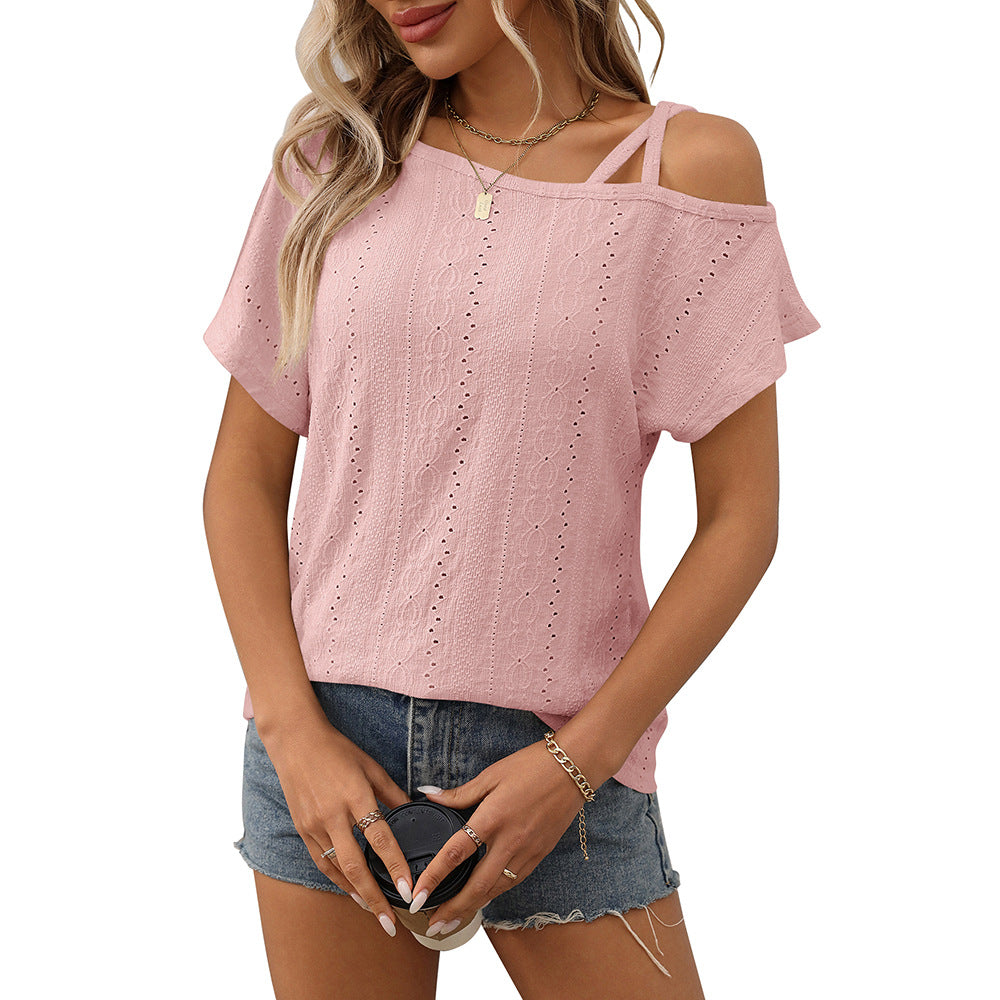 One-shoulder Short-sleeve T-shirt Hollow-out Top For Women