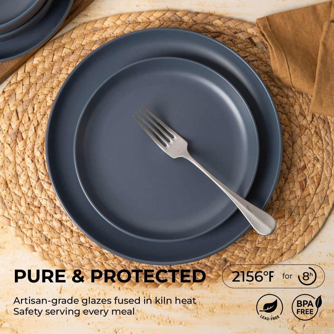 12-Piece Stoneware Dinner Plates Bowls Sets  Microwave & Dishwasher Safe   Non-Toxic Dinner Plates Bowls Set  Stackable Matte Glaze Kitchenware For 4