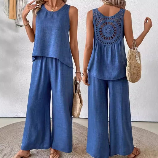 2 Pieces Set Women's Sleeveless Solid Color Back Hollow Lace Suit Summmer Trendy Casual Top Wide Leg Pants Set For Daily Wear Holiday Outfit
