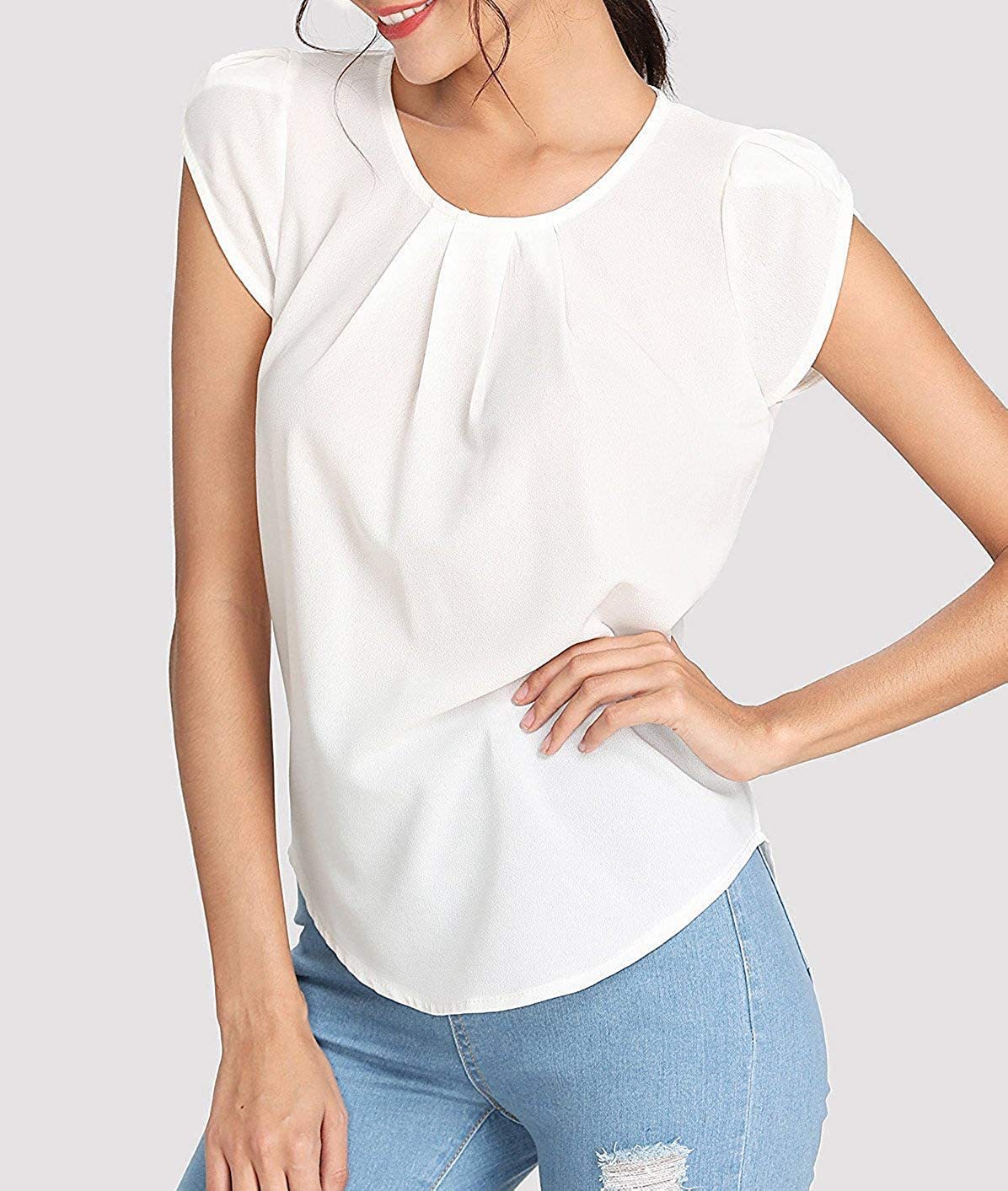 New Solid-color Button-up Short-sleeve Womens Top
