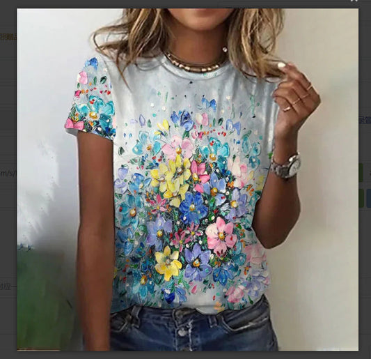 Women's Round-Neck Short-Sleeve Casual Top With 3D Flower Print
