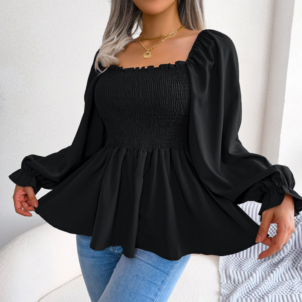 Women's Solid Color Casual Ruffle-trimmed Square-neck Long-sleeve Top