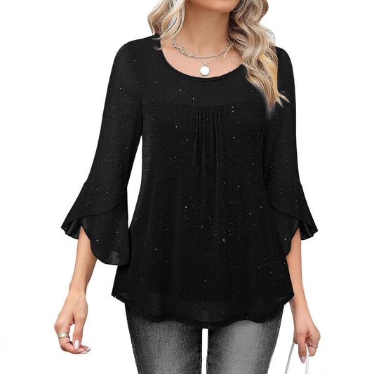 Summer Ruched Flare Sleeve Crew Neck Mesh Top Shirt