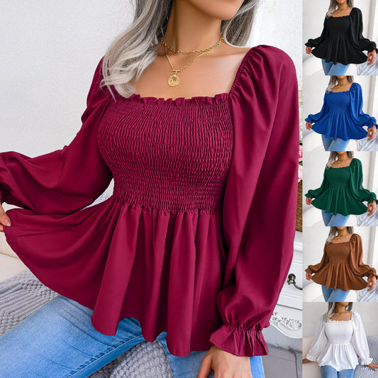 Women's Solid Color Casual Ruffle-trimmed Square-neck Long-sleeve Top