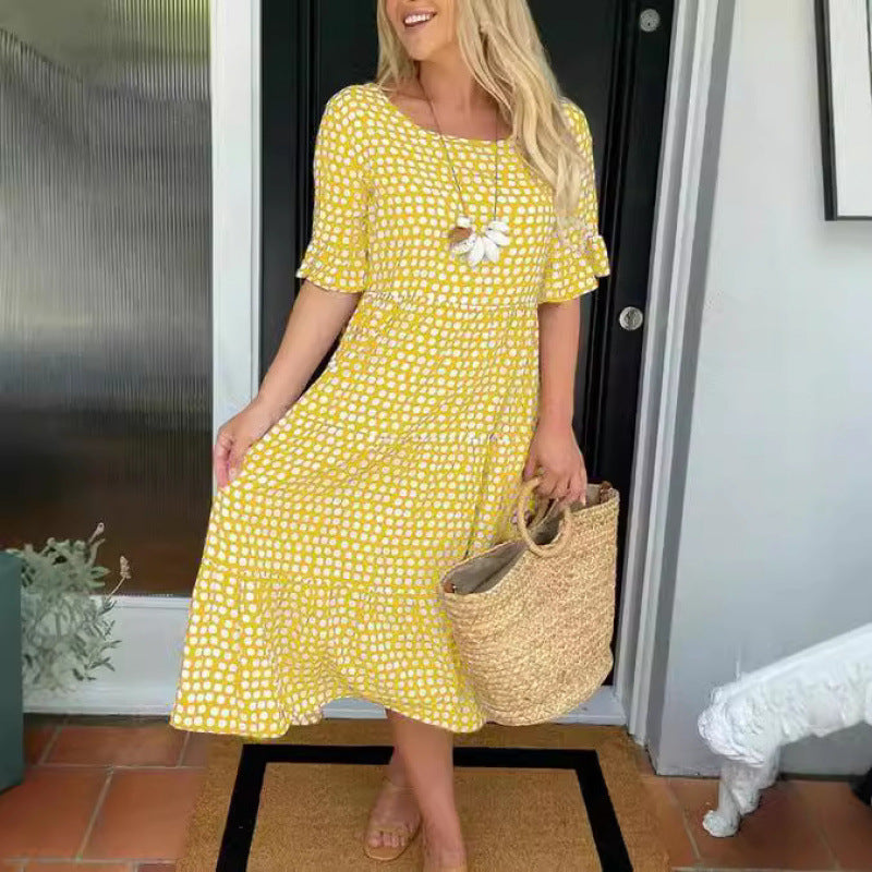 Womens Hot Bestseller Summer Crew-Neck Printed Short-Sleeve Dress