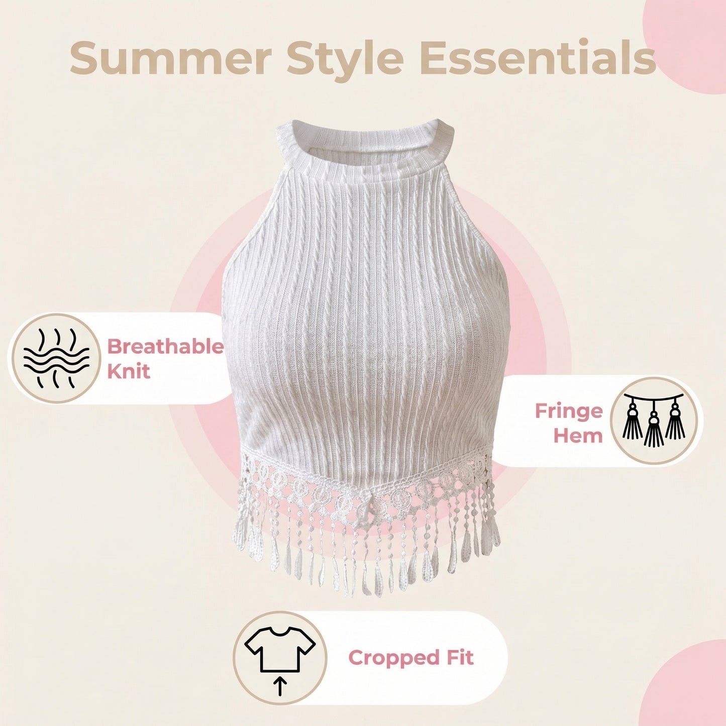 Women's Spring And Summer New Fashion Elegant Tassel Crop Top Slim-Fitting Slimming Navel-Exposing Top