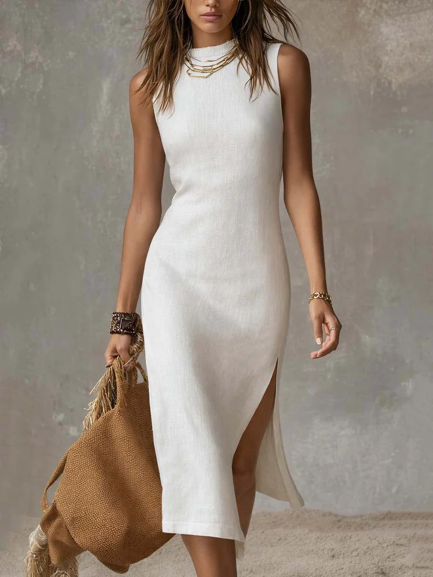 Sleeveless Solid-Color Tank Top High-Slit Elegant Midi Knitted Dress